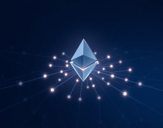 Ethereum blockchain network node symbolizing increased transaction activity and data flow.