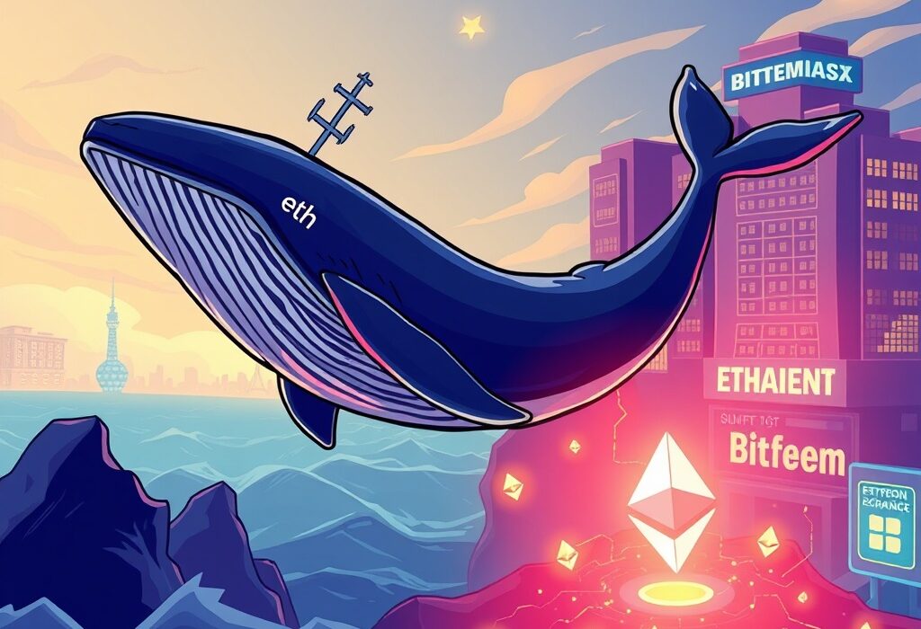 A cartoon illustration of a large Ethereum transfer from a whale to an exchange, symbolizing a significant ETH whale transaction.