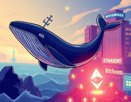 A cartoon illustration of a large Ethereum transfer from a whale to an exchange, symbolizing a significant ETH whale transaction.
