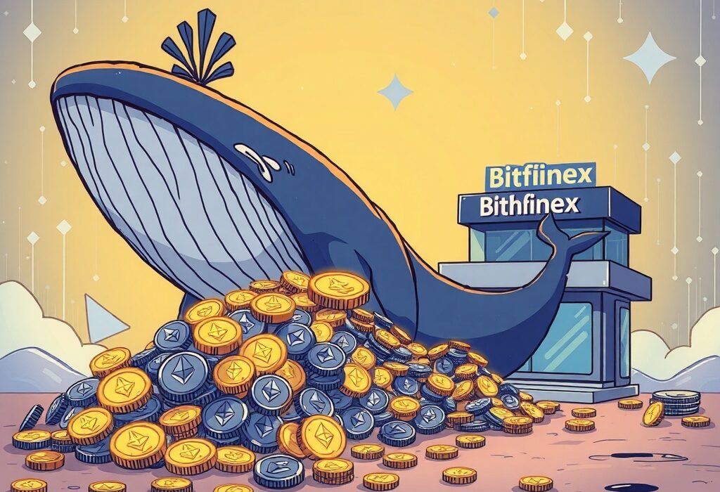 A large crypto whale moving a significant Ethereum transfer to Bitfinex, symbolizing market impact and the mystery of large transactions.