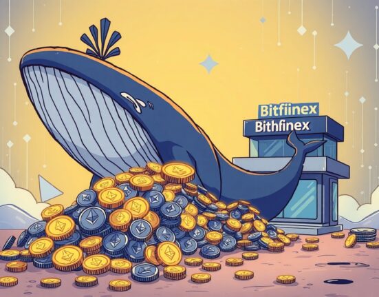 A large crypto whale moving a significant Ethereum transfer to Bitfinex, symbolizing market impact and the mystery of large transactions.