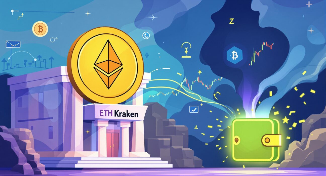 A cartoon illustrating a massive Ethereum transfer from Kraken to a new wallet, highlighting significant ETH movement.