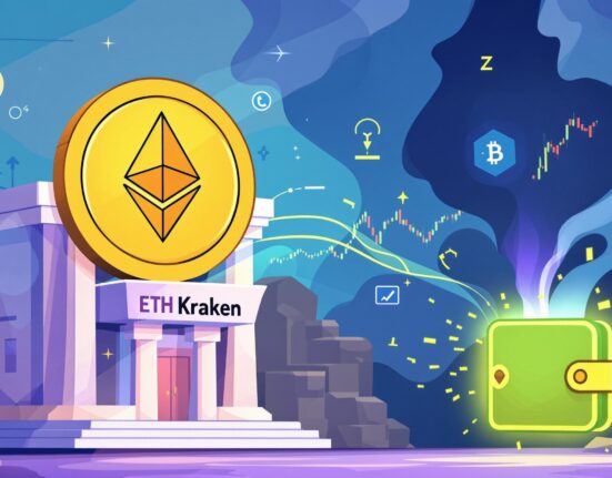 A cartoon illustrating a massive Ethereum transfer from Kraken to a new wallet, highlighting significant ETH movement.