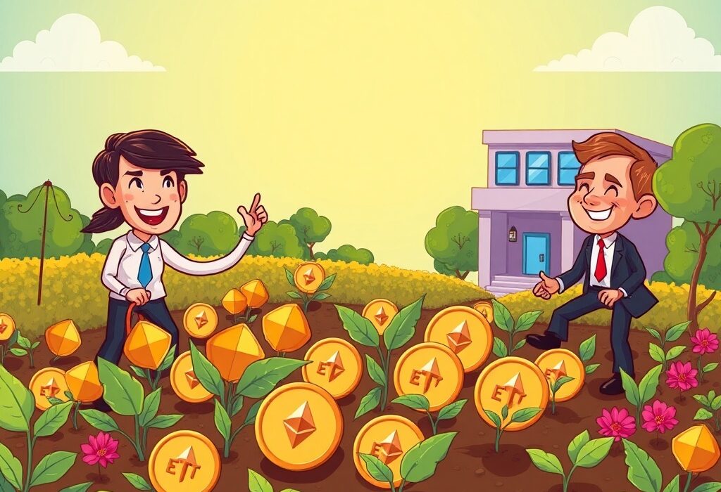 A cartoon shows Ethereum treasury firms thriving, symbolizing their superior investment potential compared to traditional ETH ETFs, highlighting staking benefits.