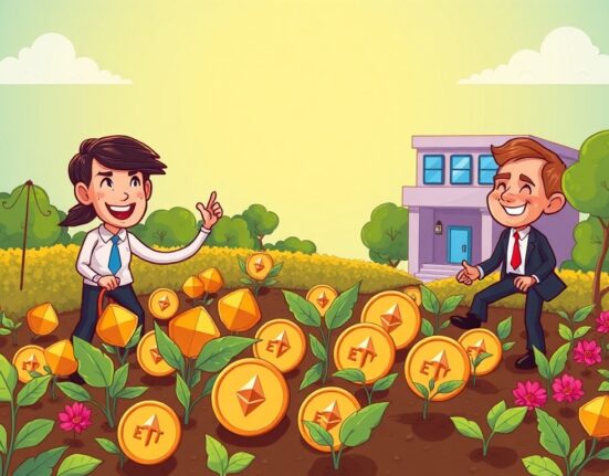 A cartoon shows Ethereum treasury firms thriving, symbolizing their superior investment potential compared to traditional ETH ETFs, highlighting staking benefits.