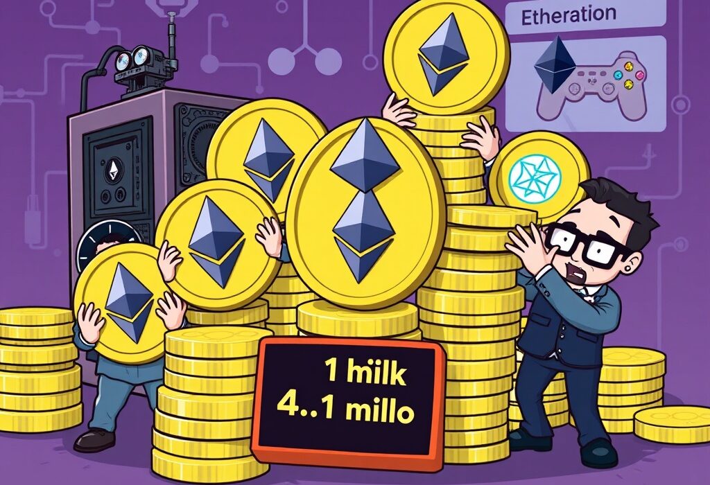 A cartoon illustration showing diverse entities managing significant Ethereum treasury holdings, symbolizing institutional accumulation and market impact.