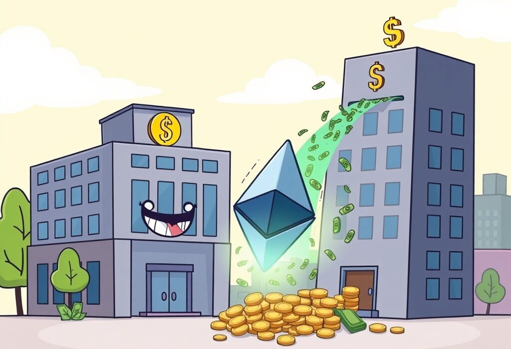 A cartoon illustration depicting SharpLink's strategic $200M investment expanding its Ethereum treasury, symbolizing corporate entry into digital assets.
