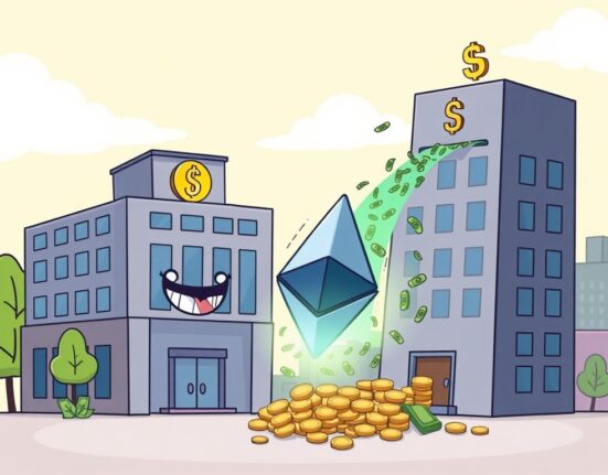 A cartoon illustration depicting SharpLink's strategic $200M investment expanding its Ethereum treasury, symbolizing corporate entry into digital assets.