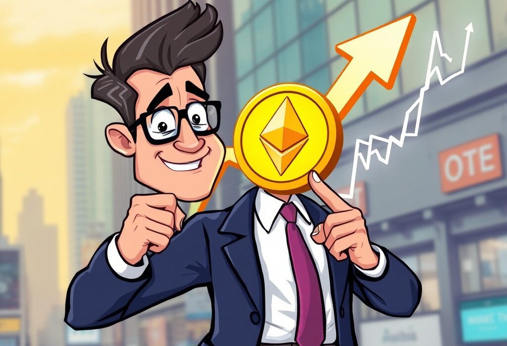 Cartoon showing an analyst highlighting Ethereum undervaluation and its potential as an investment opportunity.