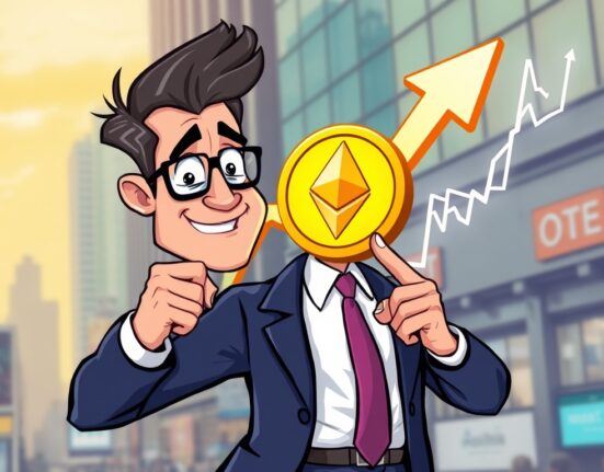 Cartoon showing an analyst highlighting Ethereum undervaluation and its potential as an investment opportunity.