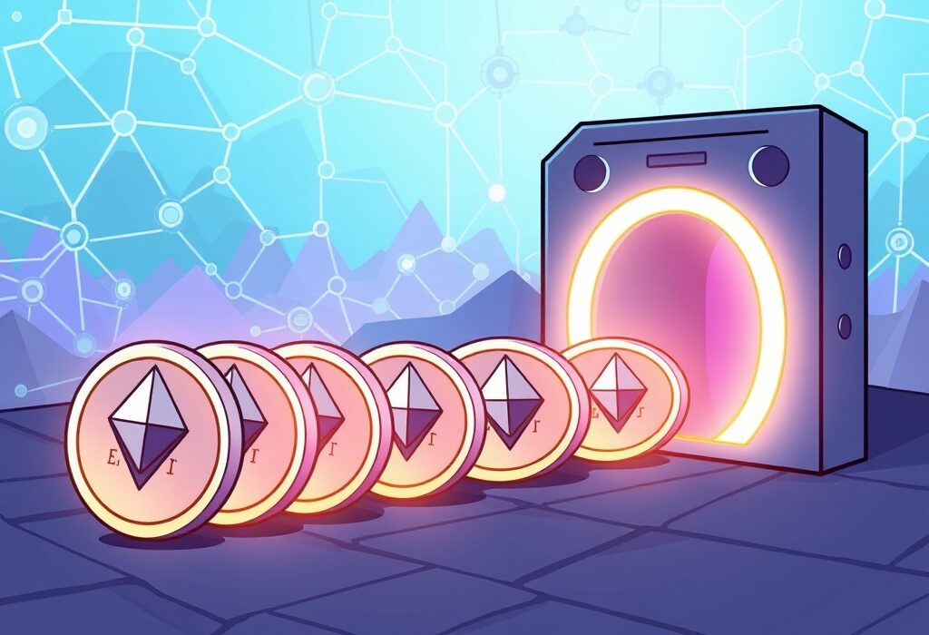 A cartoon illustration showing the Ethereum unstaking queue, with ETH tokens moving through the network.