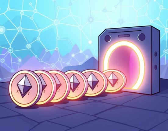 A cartoon illustration showing the Ethereum unstaking queue, with ETH tokens moving through the network.