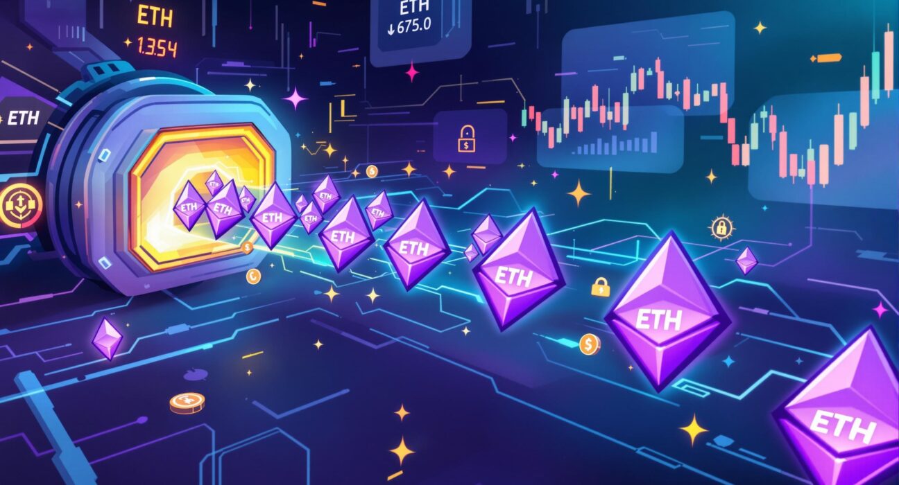 Cartoon illustration depicting a large queue of Ethereum (ETH) symbols, symbolizing the significant Ethereum unstaking queue and its market impact.