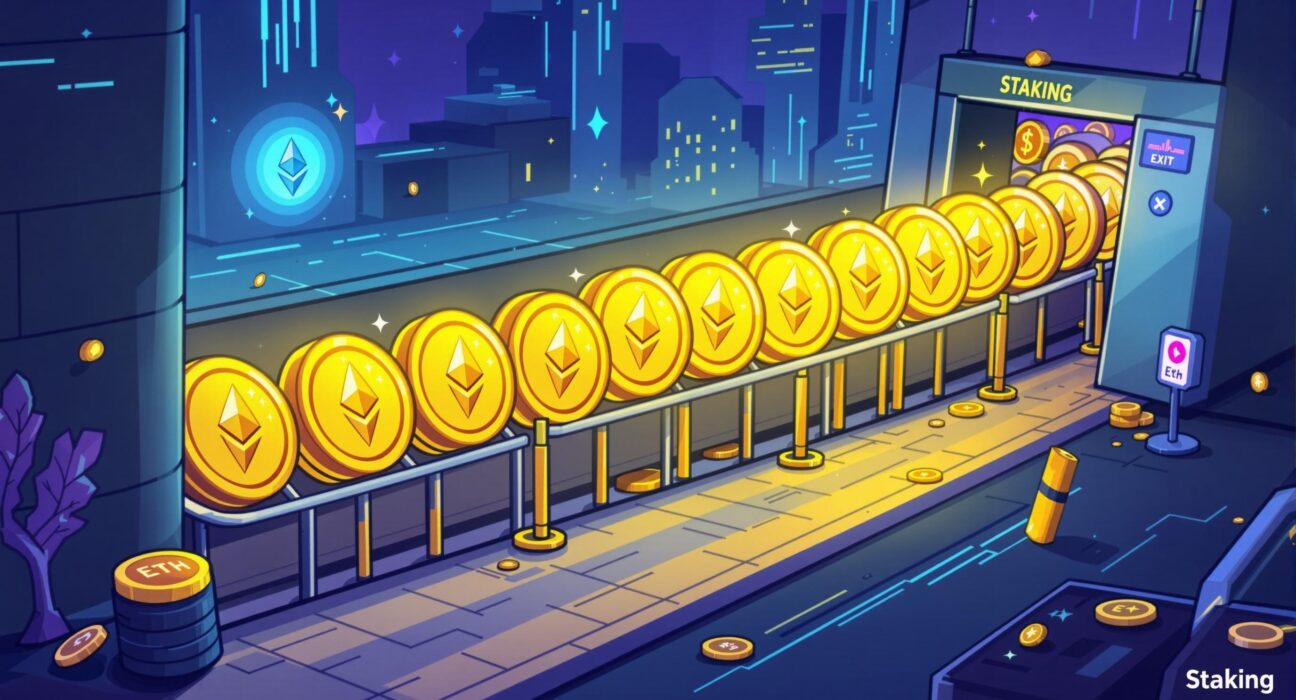 A cartoon illustration showing a long queue of Ethereum (ETH) coins for Ethereum unstaking, highlighting the surge in withdrawals.