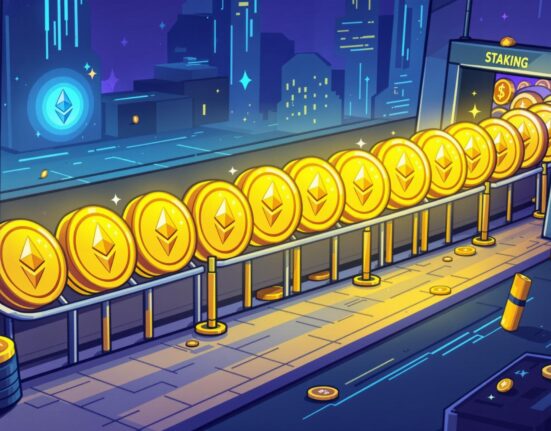 A cartoon illustration showing a long queue of Ethereum (ETH) coins for Ethereum unstaking, highlighting the surge in withdrawals.