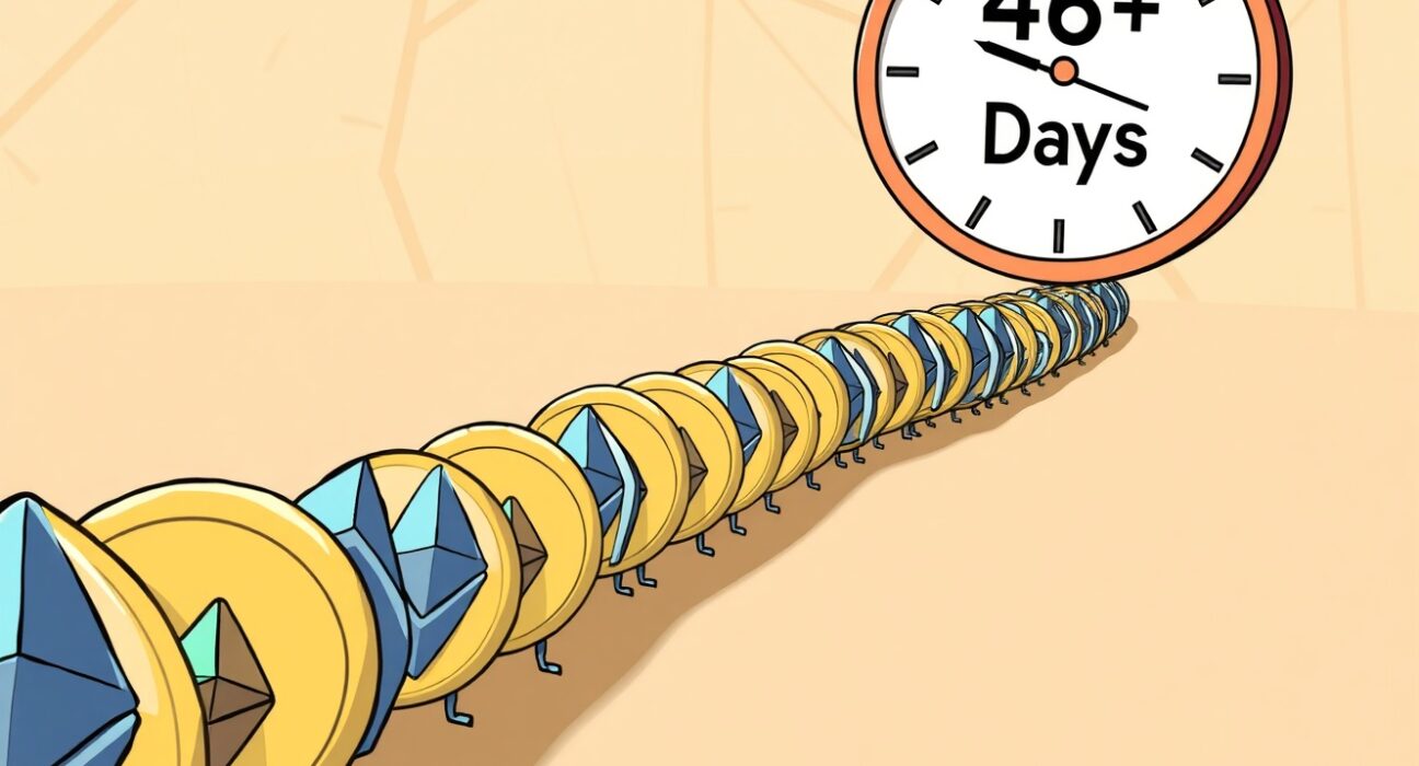 Cartoon showing a long line of ETH coins representing the significant Ethereum unstaking wait time backlog.