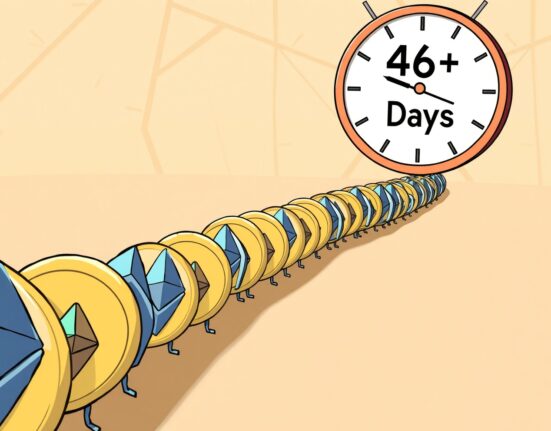 Cartoon showing a long line of ETH coins representing the significant Ethereum unstaking wait time backlog.