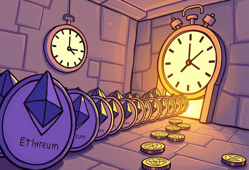 A cartoon illustration showing a large Ethereum validator exit queue, symbolizing the significant volume of ETH staking withdrawals.
