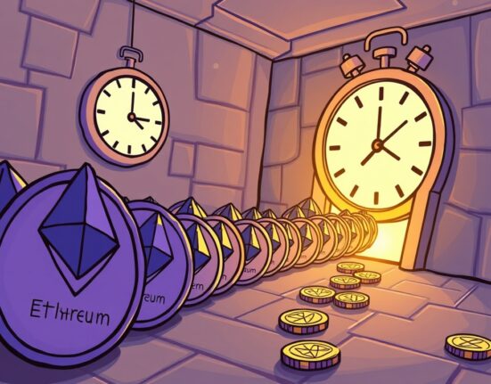 A cartoon illustration showing a large Ethereum validator exit queue, symbolizing the significant volume of ETH staking withdrawals.