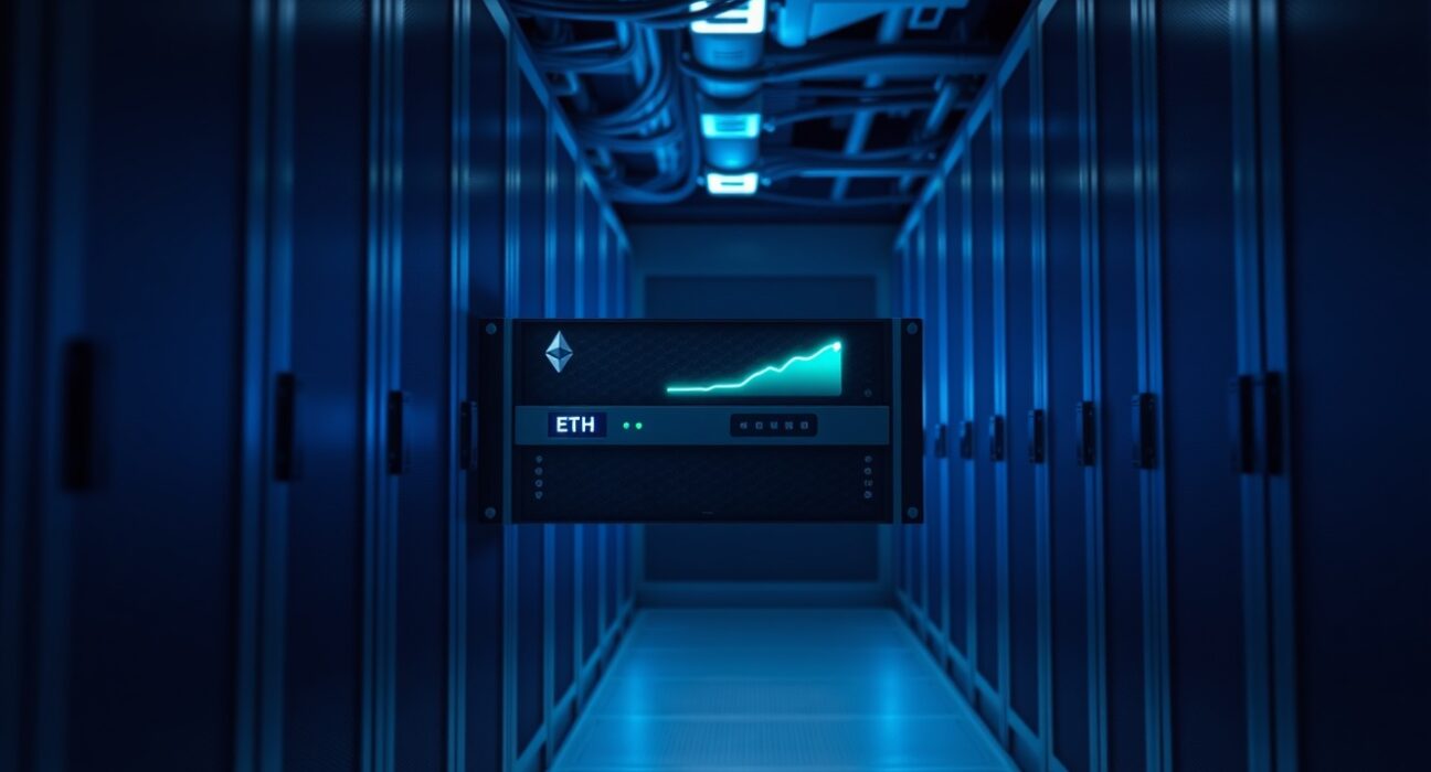 Ethereum validator server rack with blue LED lights and staking status display