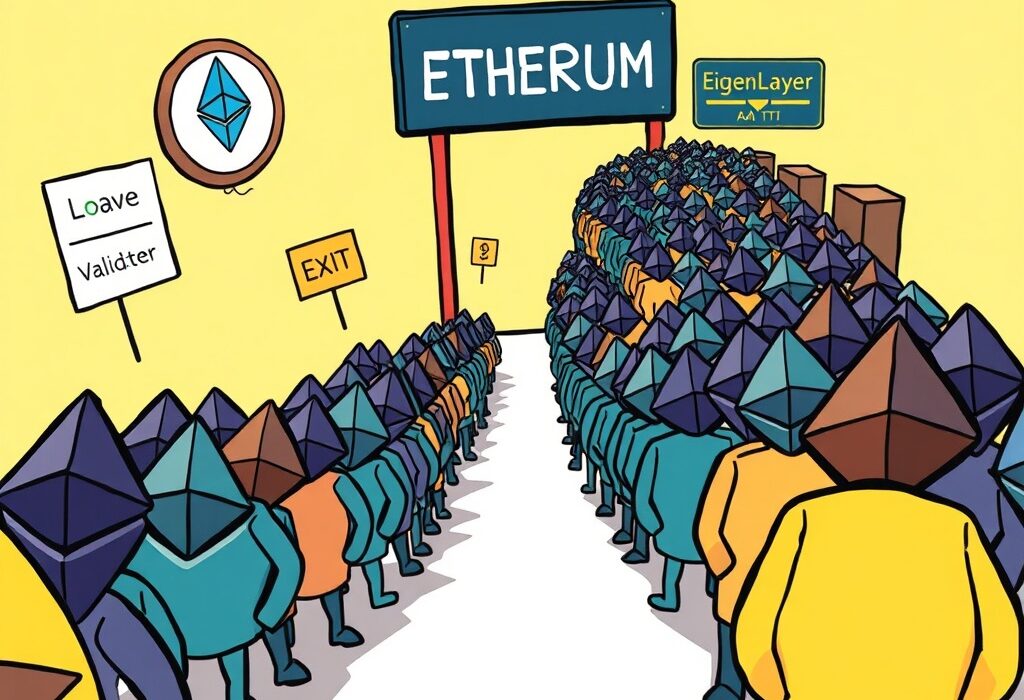 A cartoon illustration showing a long queue of Ethereum validators moving towards an exit, symbolizing the unprecedented surge in the Ethereum validator exit queue.