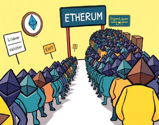 A cartoon illustration showing a long queue of Ethereum validators moving towards an exit, symbolizing the unprecedented surge in the Ethereum validator exit queue.