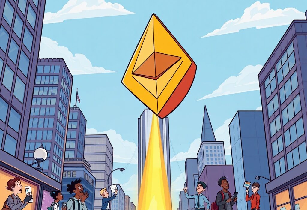 A cartoon image illustrating the potential for high Ethereum valuation, with ETH coins reaching new heights.