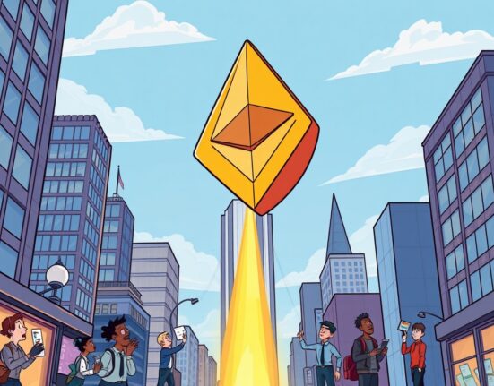 A cartoon image illustrating the potential for high Ethereum valuation, with ETH coins reaching new heights.