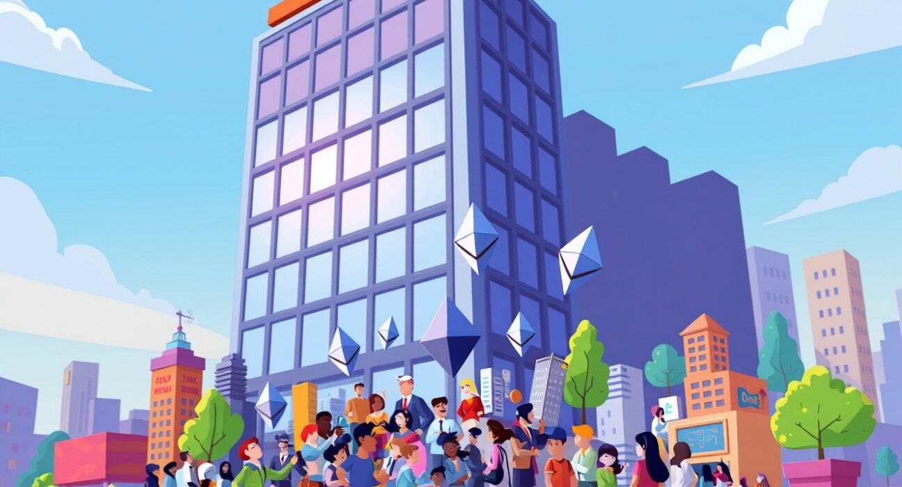 Vitalik Buterin protecting Ethereum values from corporate influence in vibrant cartoon style