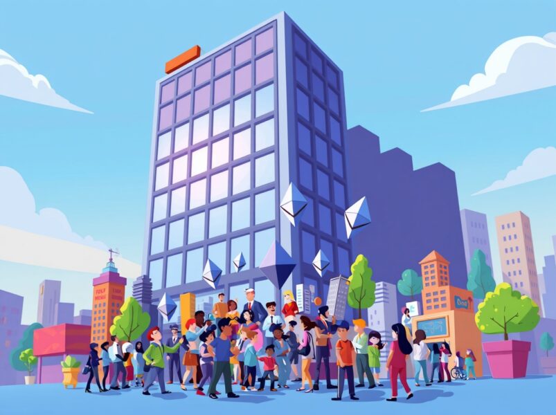 Vitalik Buterin protecting Ethereum values from corporate influence in vibrant cartoon style