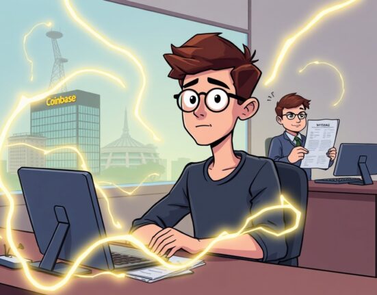 A cartoon illustration showing Vitalik Buterin creating Ethereum, highlighting how a US visa issue impacted crypto history.