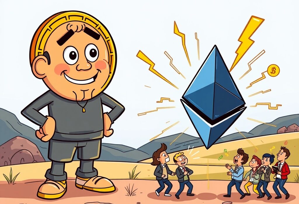 A cartoon image illustrating traders moving from a stable Bitcoin to the dynamic, high Ethereum volatility market.