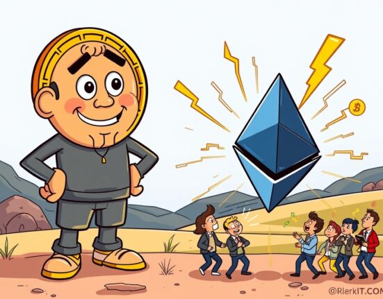 A cartoon image illustrating traders moving from a stable Bitcoin to the dynamic, high Ethereum volatility market.