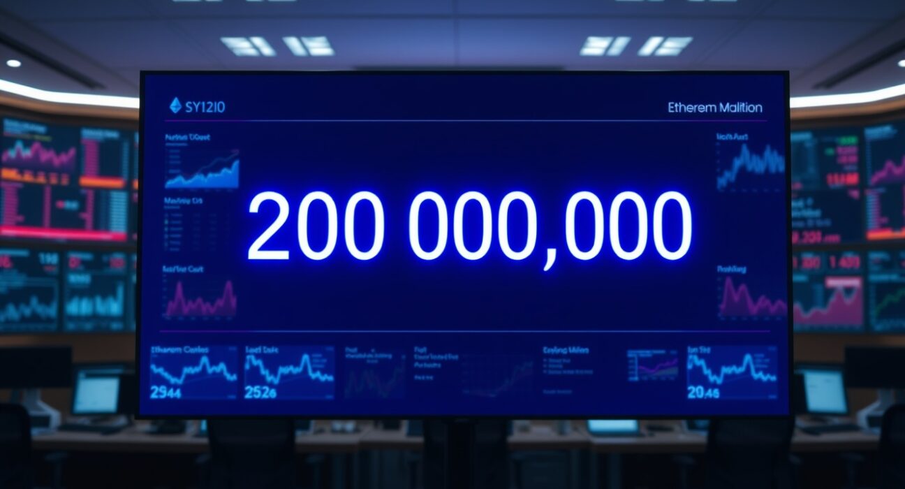 Digital display showing Ethereum wallet count surpassing 200 million in a modern office setting