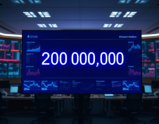 Digital display showing Ethereum wallet count surpassing 200 million in a modern office setting