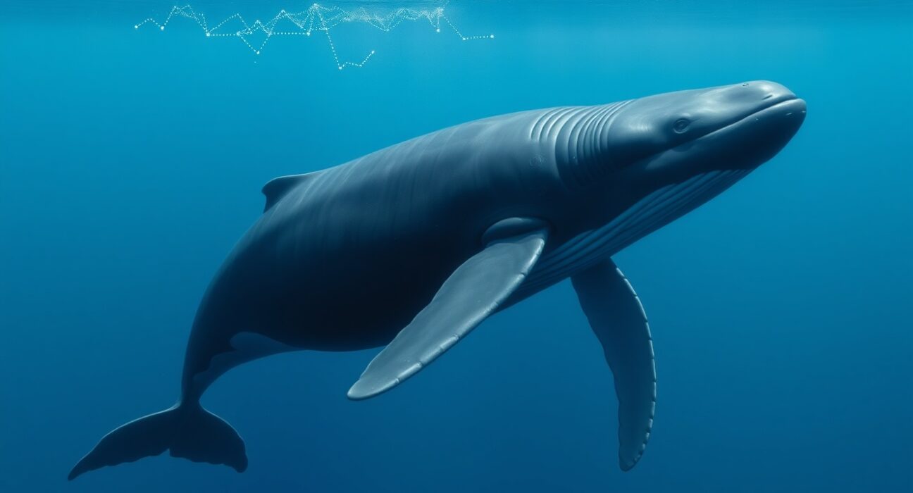 A powerful whale symbolizes a major Ethereum investor's $10 million ETH purchase and market confidence.