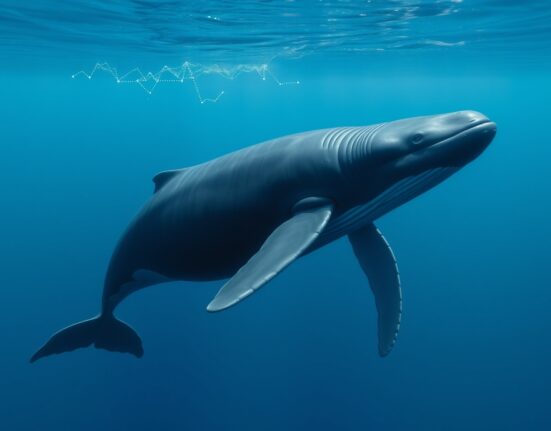 A powerful whale symbolizes a major Ethereum investor's $10 million ETH purchase and market confidence.