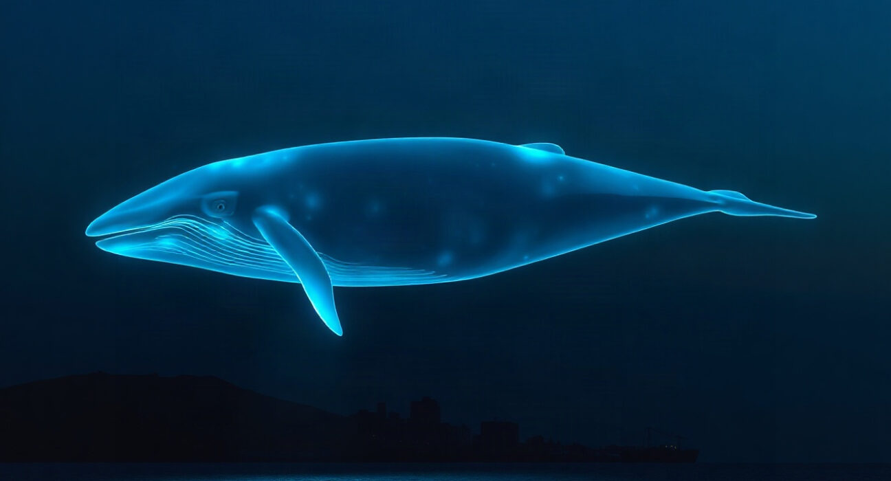 Digital whale symbolizing a large Ethereum holder swimming above the ocean at dusk.