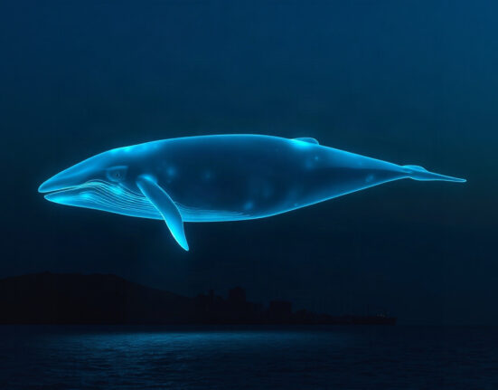 Digital whale symbolizing a large Ethereum holder swimming above the ocean at dusk.