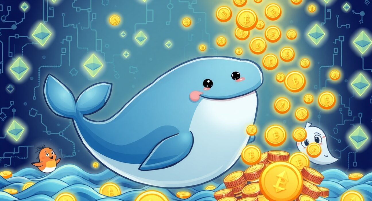 A triumphant Ethereum whale celebrating a major cryptocurrency profit in a vibrant digital ocean.