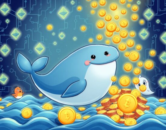 A triumphant Ethereum whale celebrating a major cryptocurrency profit in a vibrant digital ocean.