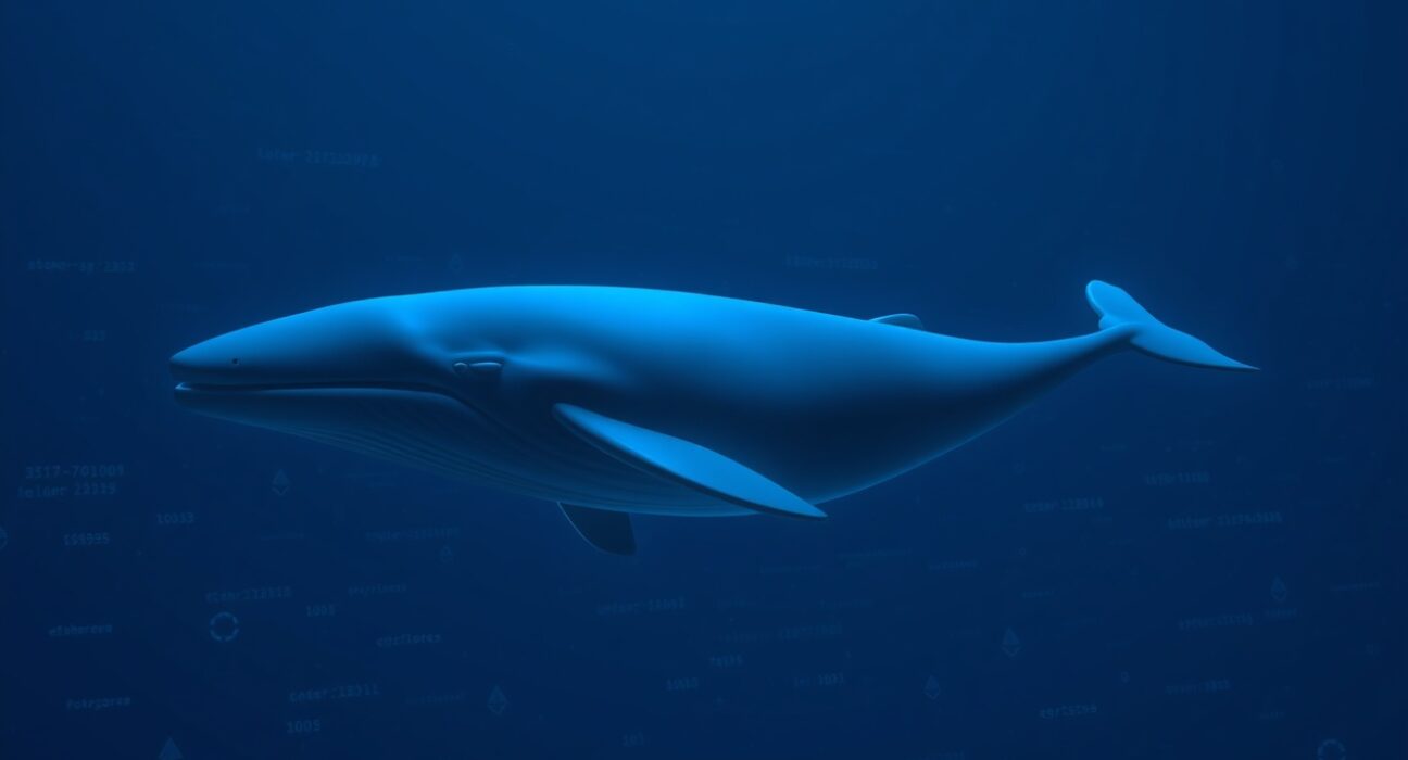 Digital whale swimming through Ethereum blockchain data streams, representing large cryptocurrency transaction