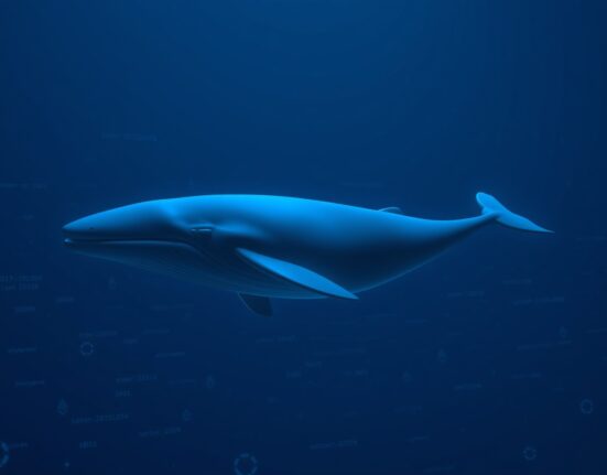 Digital whale swimming through Ethereum blockchain data streams, representing large cryptocurrency transaction