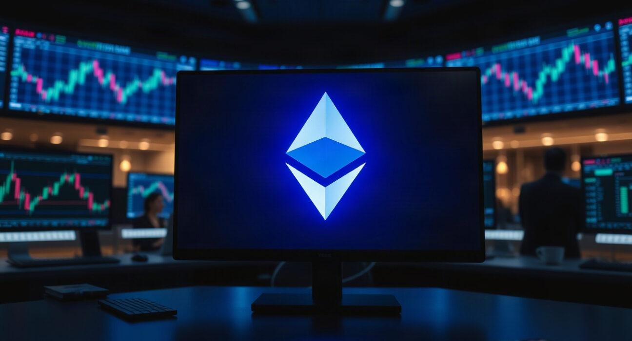 Ethereum trading charts on monitors in a dark trading room, symbolizing a large ETH whale transaction