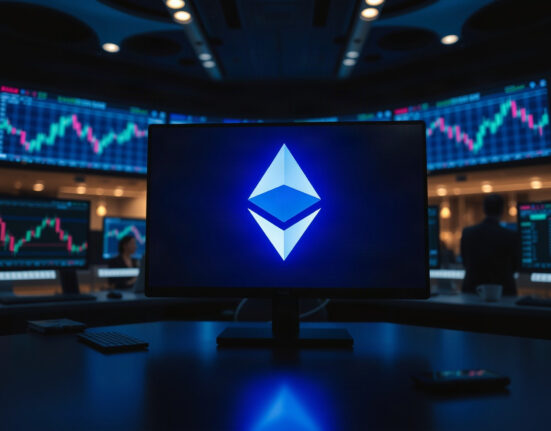 Ethereum trading charts on monitors in a dark trading room, symbolizing a large ETH whale transaction