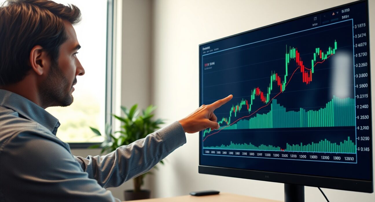 Financial analyst reviewing Ethereum price chart on monitor