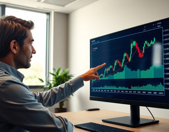 Financial analyst reviewing Ethereum price chart on monitor