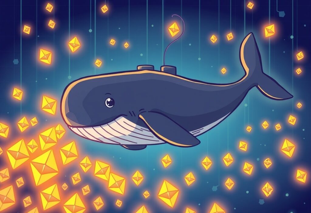 Cartoon illustration of a large Ethereum whale accumulating ETH, representing a significant market movement.