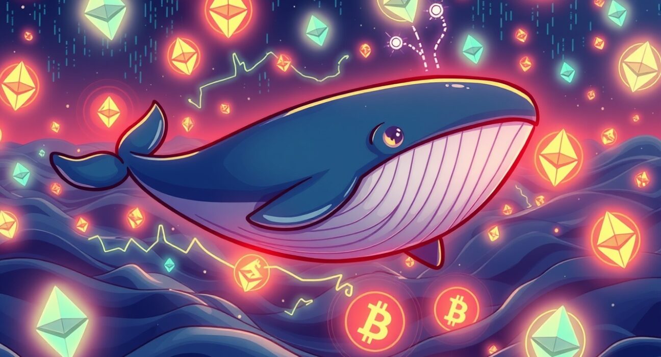 Cartoon illustration of a large Ethereum whale making significant ETH purchases, symbolizing market influence and substantial crypto movements.