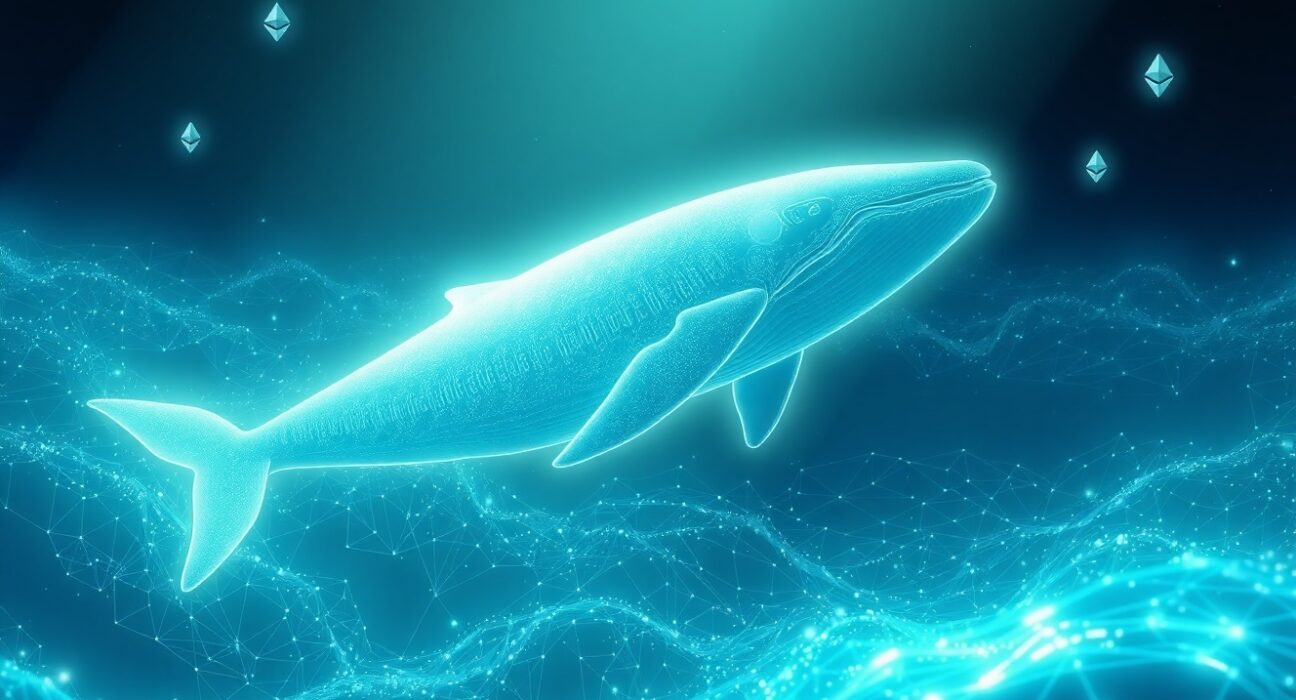 Ethereum whale accumulation visualized as a majestic creature in a digital blockchain data ocean.
